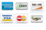 American Express, Cash, DISCOVER, VISA, MasterCard, Check